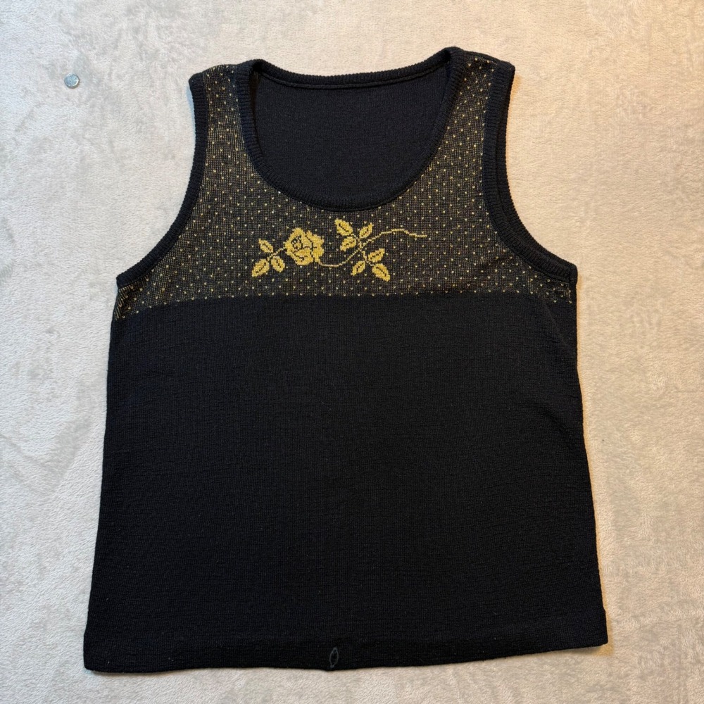 Vintage‎ Black Gold Rose Floral Knit Tank Top Sweater Vest Sleeveless 90s Retro
